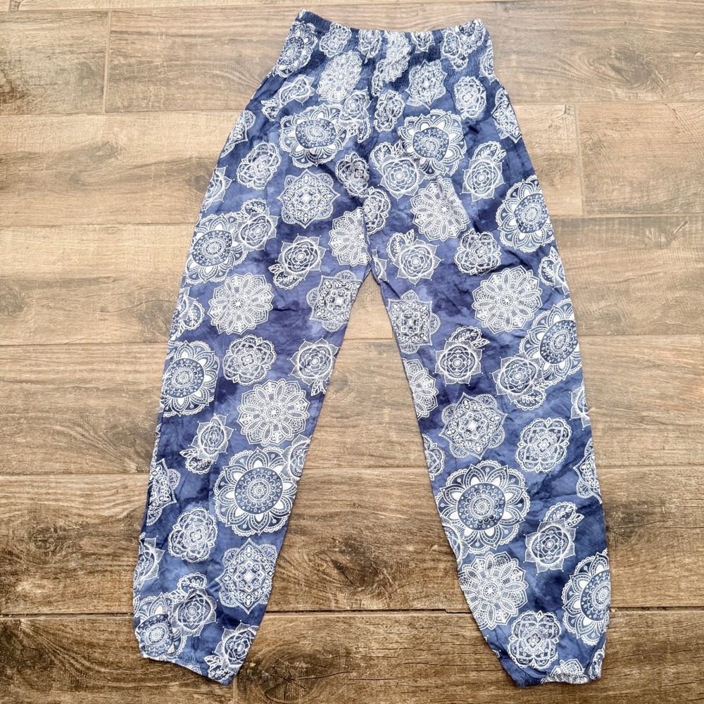 Lotus and Luna Mandala Smocked Waist Harem Pants, Blue White,S/M
